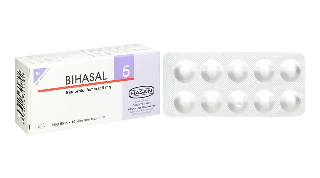 Bihasan 5mg Hasan (H/50v)  – Viên nén Bisoprolol điều trị tăng huyết áp, đau thắt ngực & suy tim ổn định